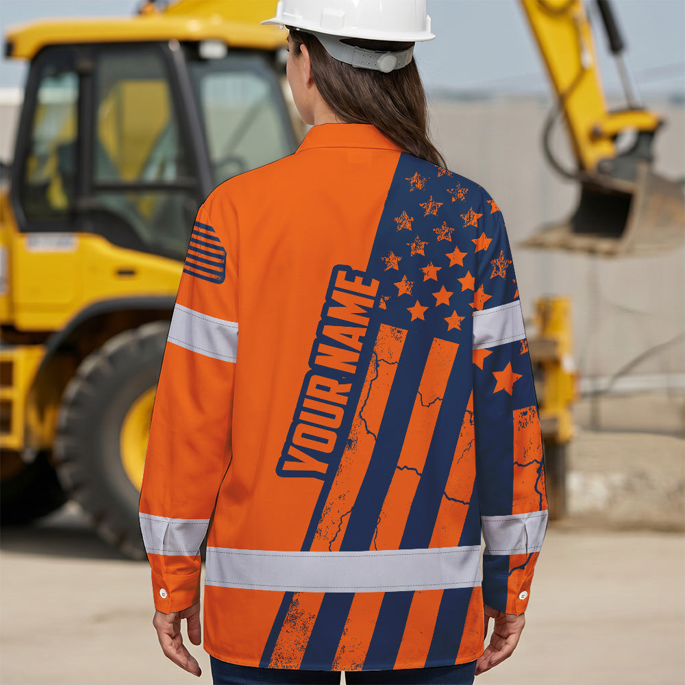 Hi Vis Hawaiian Long Sleeve Shirt Reflective Orange US Flag Custom Name Safety Workwear For Workers, Truckers