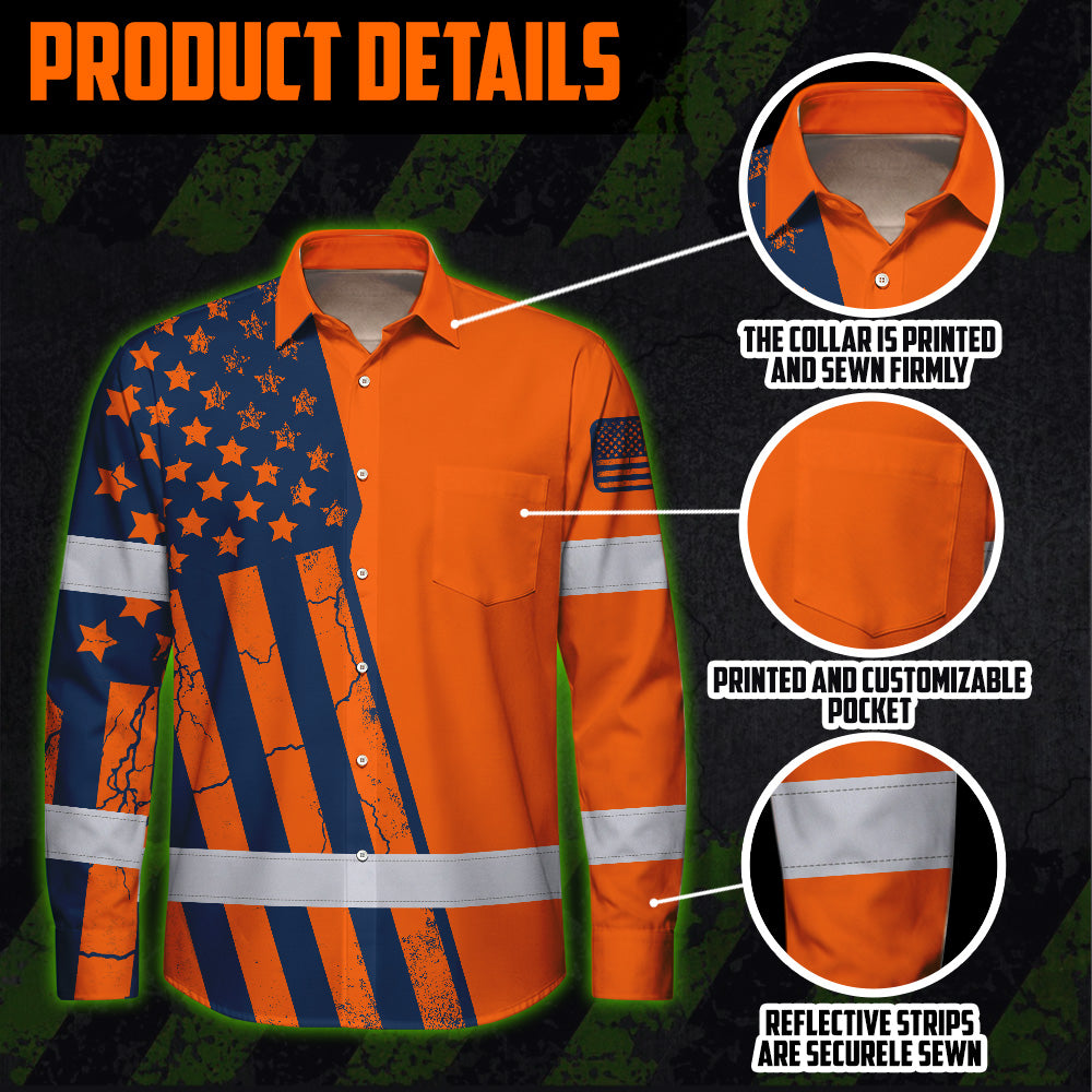 Hi Vis Hawaiian Long Sleeve Shirt Reflective Orange US Flag Custom Name Safety Workwear For Workers, Truckers