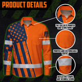 Hi Vis Hawaiian Long Sleeve Shirt Reflective Orange US Flag Custom Name Safety Workwear For Workers, Truckers