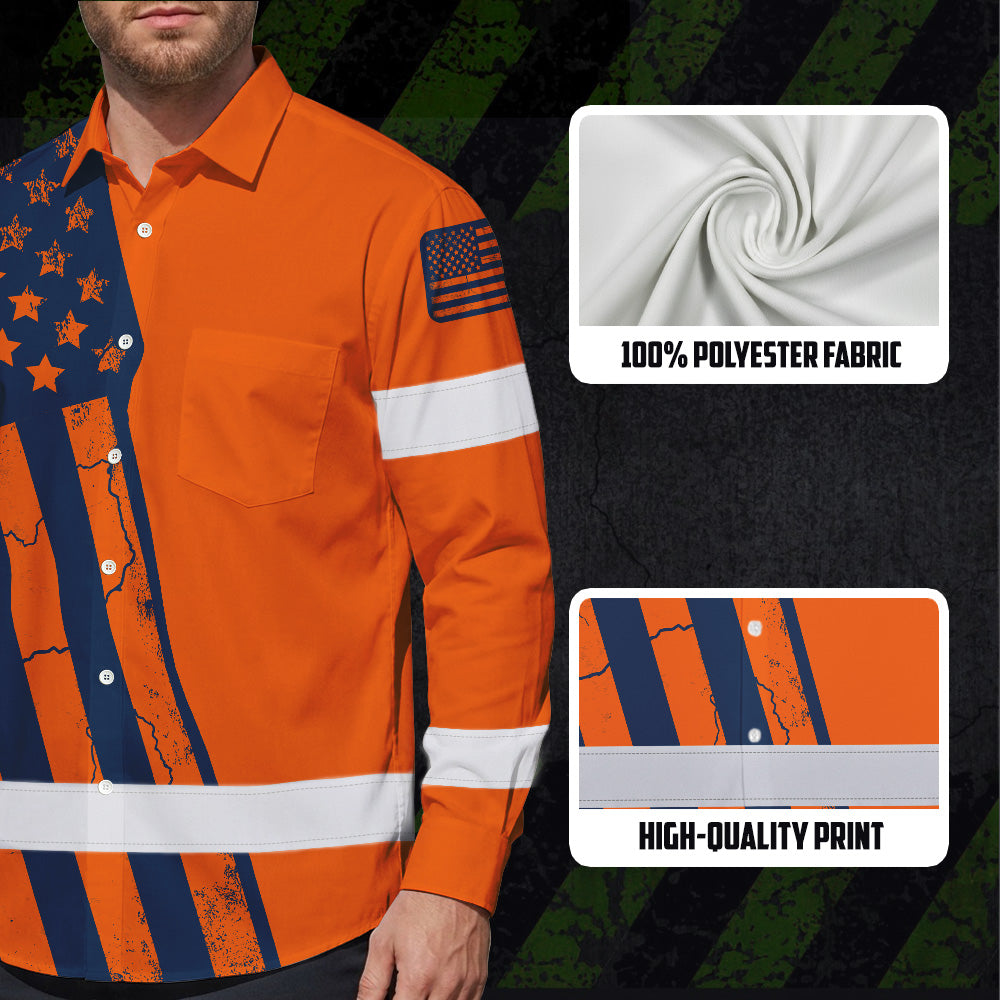 Hi Vis Hawaiian Long Sleeve Shirt Reflective Orange US Flag Custom Name Safety Workwear For Workers, Truckers