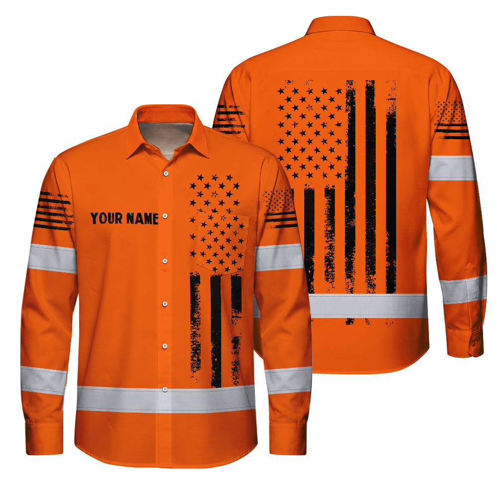 Hi Vis Hawaiian Long Sleeve Shirt Reflective Orange And Black American Flag Custom Name Safety Workwear For Workers, Truckers, Operators