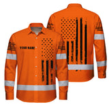 Hi Vis Hawaiian Long Sleeve Shirt Reflective Orange And Black American Flag Custom Name Safety Workwear For Workers, Truckers, Operators