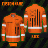 Hi Vis Hawaiian Long Sleeve Shirt Reflective Orange And Black American Flag Custom Name Safety Workwear For Workers, Truckers, Operators