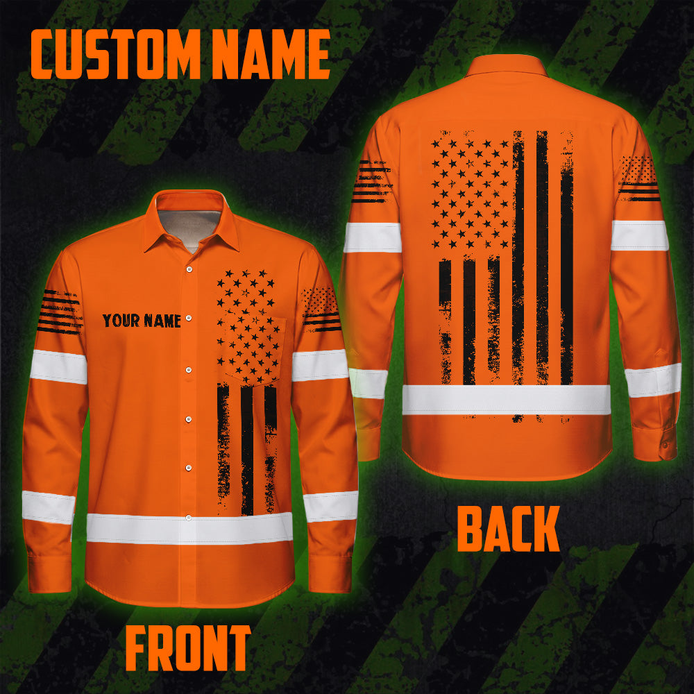 Hi Vis Hawaiian Long Sleeve Shirt Reflective Orange And Black American Flag Custom Name Safety Workwear For Workers, Truckers, Operators