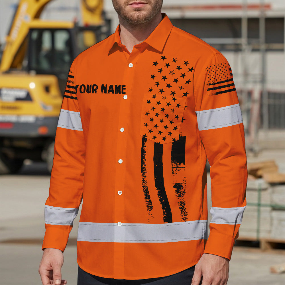 Hi Vis Hawaiian Long Sleeve Shirt Reflective Orange And Black American Flag Custom Name Safety Workwear For Workers, Truckers, Operators