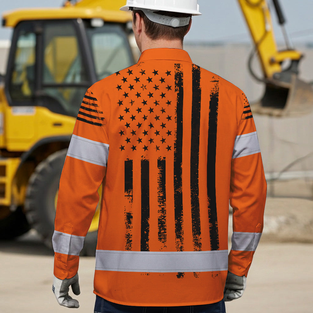 Hi Vis Hawaiian Long Sleeve Shirt Reflective Orange And Black American Flag Custom Name Safety Workwear For Workers, Truckers, Operators