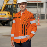 Hi Vis Hawaiian Long Sleeve Shirt Reflective Orange And Black American Flag Custom Name Safety Workwear For Workers, Truckers, Operators