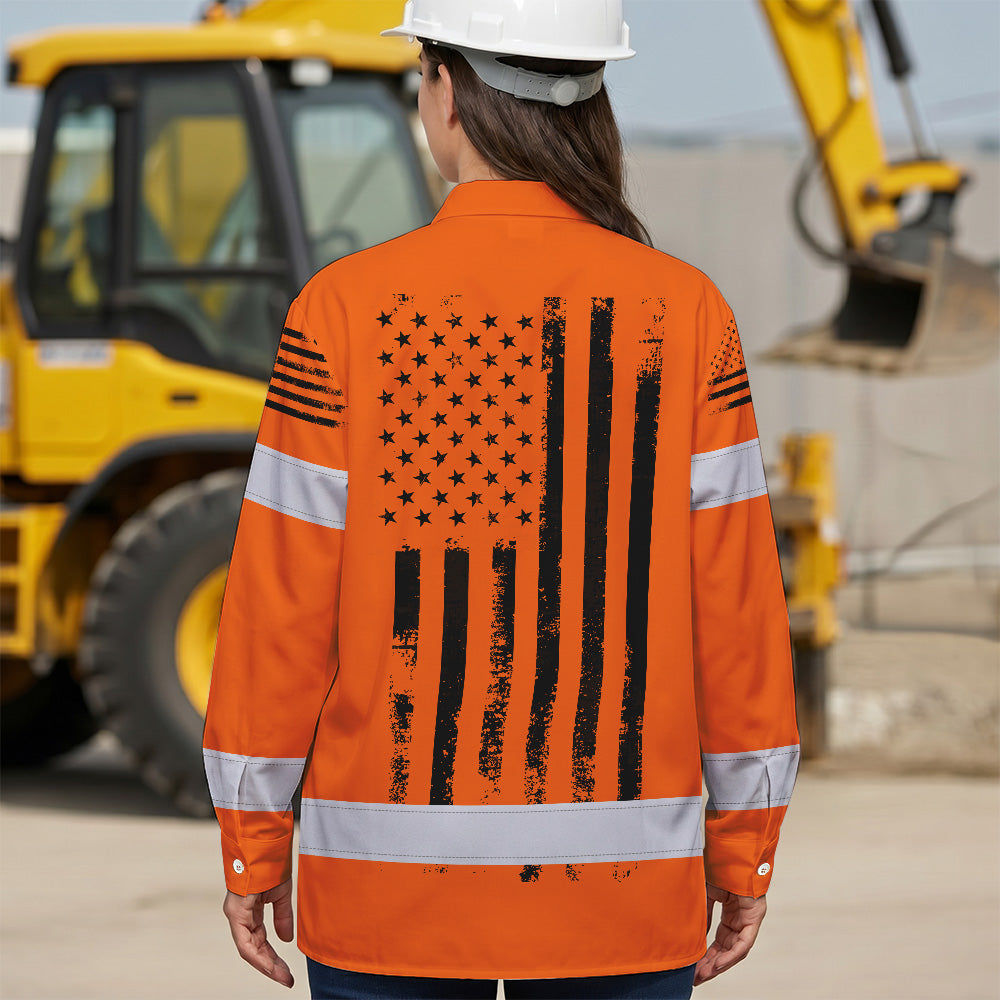 Hi Vis Hawaiian Long Sleeve Shirt Reflective Orange And Black American Flag Custom Name Safety Workwear For Workers, Truckers, Operators