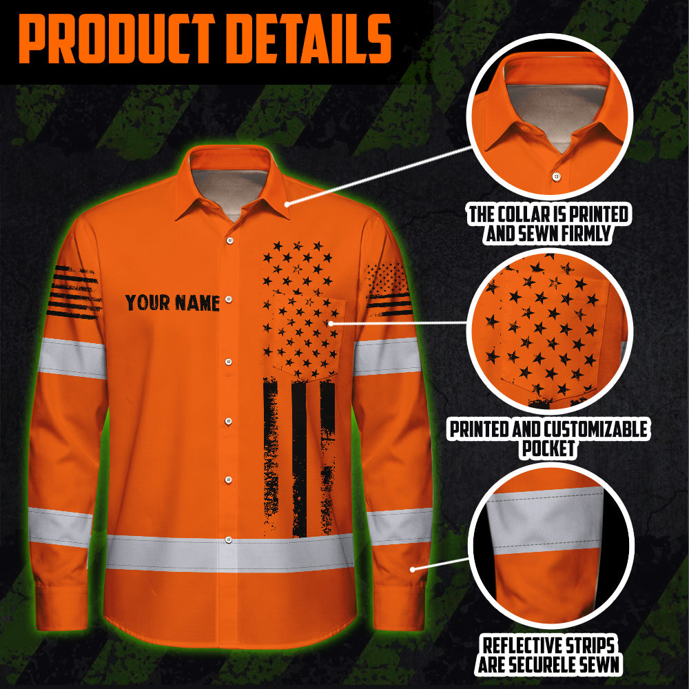 Hi Vis Hawaiian Long Sleeve Shirt Reflective Orange And Black American Flag Custom Name Safety Workwear For Workers, Truckers, Operators