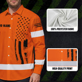 Hi Vis Hawaiian Long Sleeve Shirt Reflective Orange And Black American Flag Custom Name Safety Workwear For Workers, Truckers, Operators
