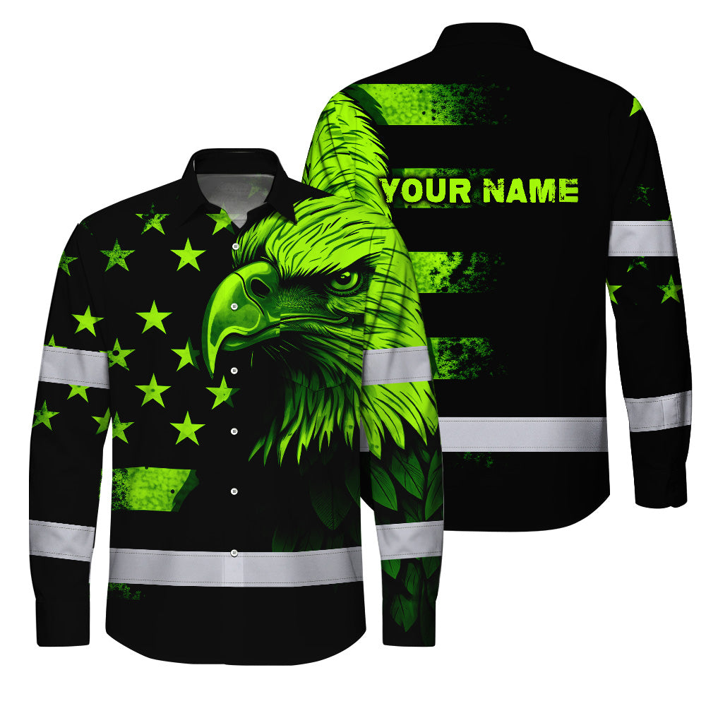 Hi Vis Hawaiian Long Sleeve Shirt Reflective, Eagles US Flag Custom Name For Workers Runners Patriotic