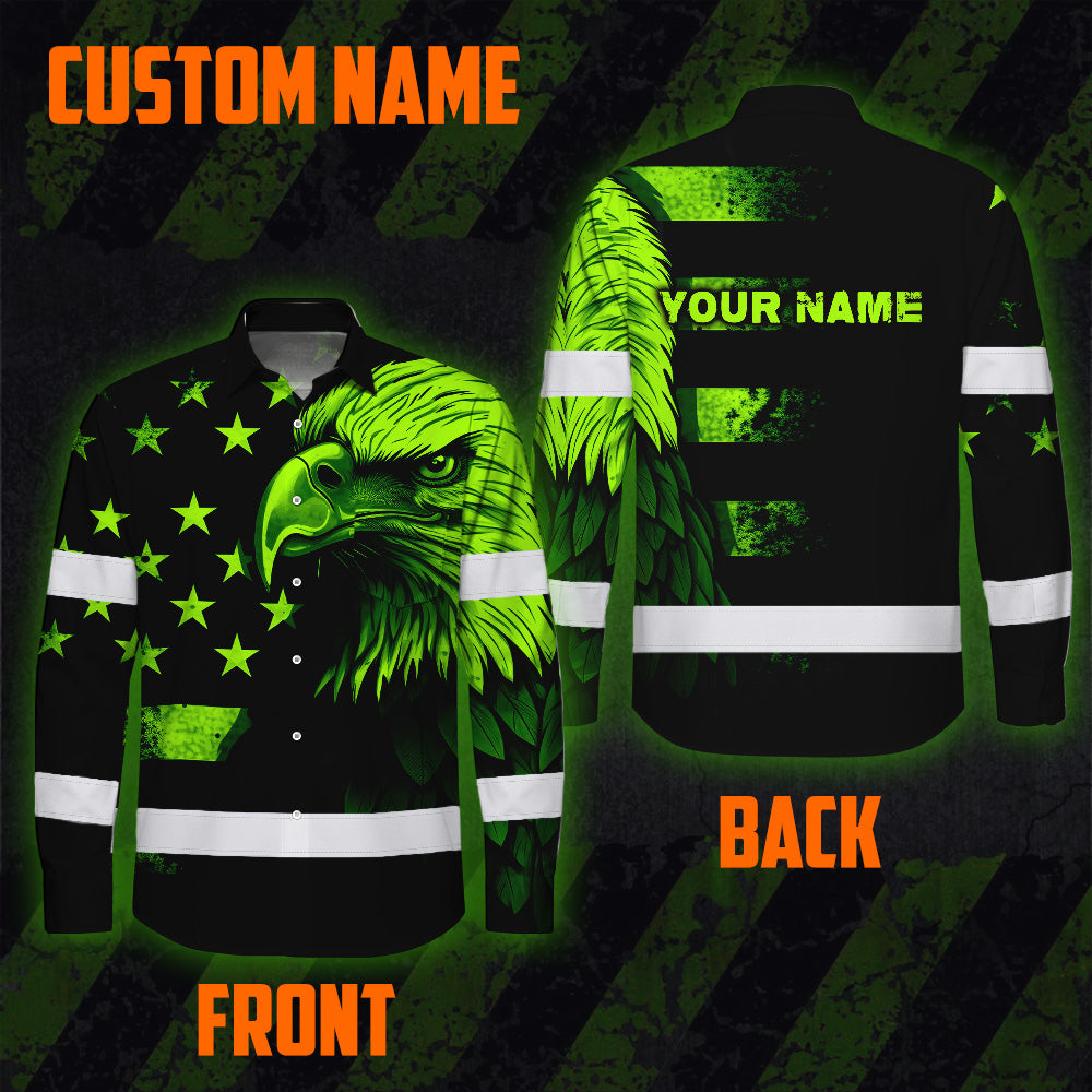Hi Vis Hawaiian Long Sleeve Shirt Reflective, Eagles US Flag Custom Name For Workers Runners Patriotic