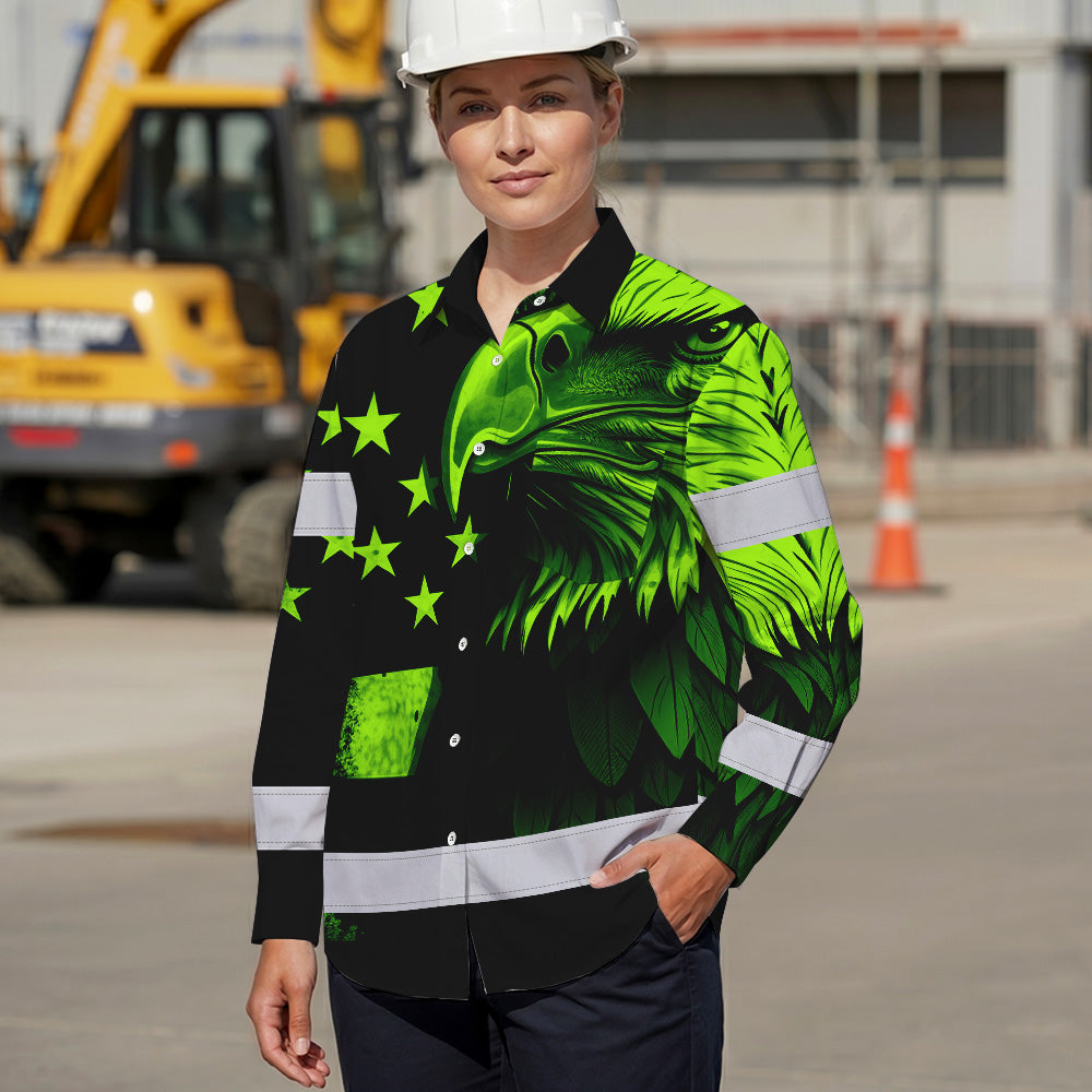 Hi Vis Hawaiian Long Sleeve Shirt Reflective, Eagles US Flag Custom Name For Workers Runners Patriotic