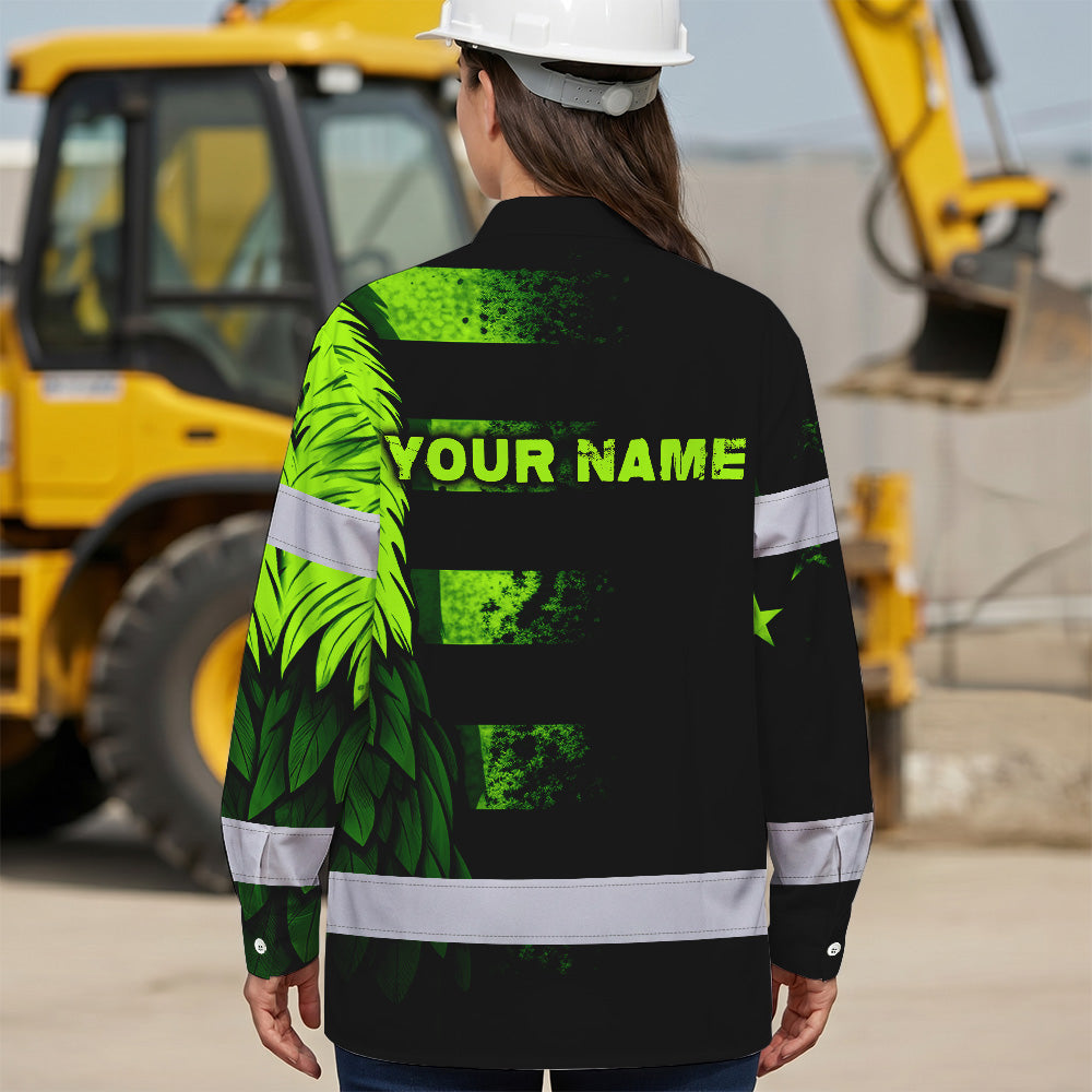 Hi Vis Hawaiian Long Sleeve Shirt Reflective, Eagles US Flag Custom Name For Workers Runners Patriotic