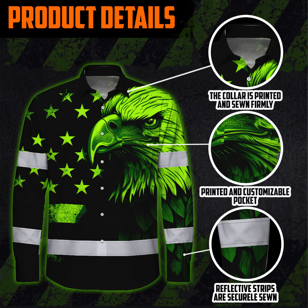 Hi Vis Hawaiian Long Sleeve Shirt Reflective, Eagles US Flag Custom Name For Workers Runners Patriotic