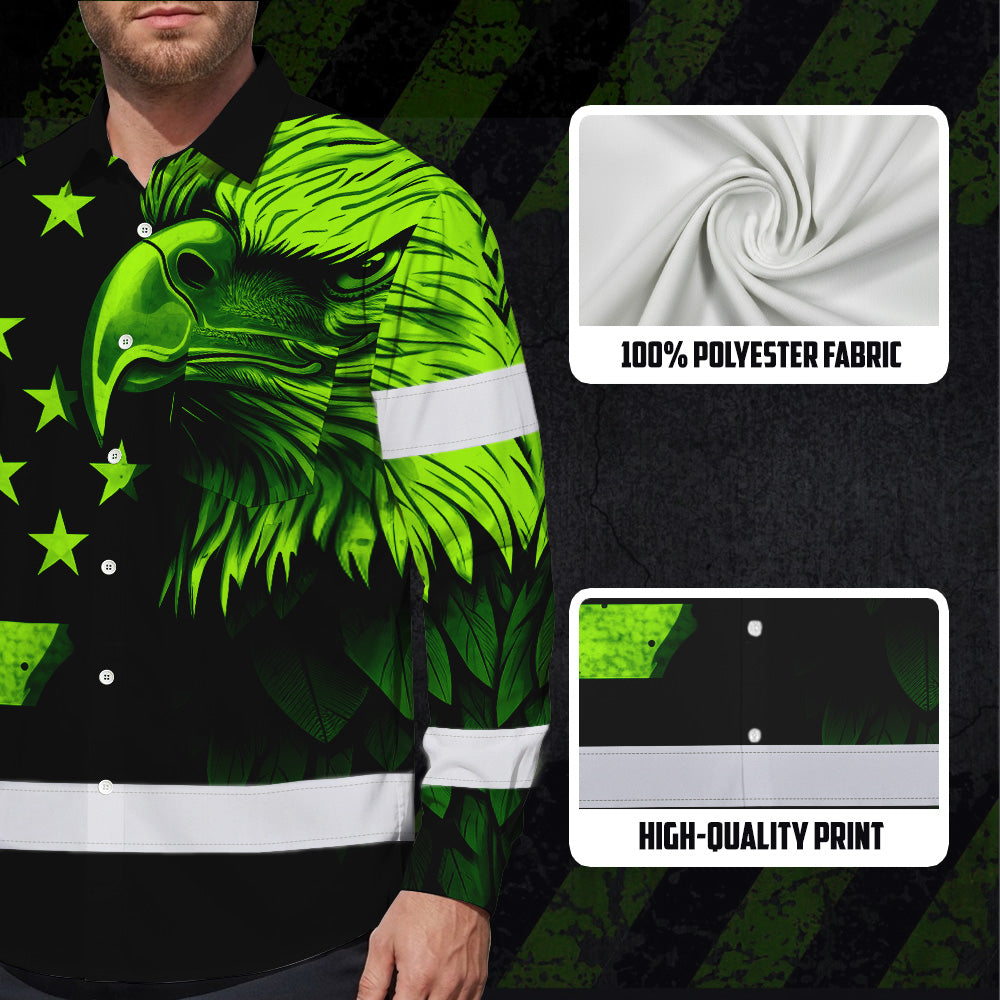 Hi Vis Hawaiian Long Sleeve Shirt Reflective, Eagles US Flag Custom Name For Workers Runners Patriotic