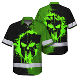 Hi Vis Hawaiian Skull Shirt, Neon Green Custom Name High Visibility Short Sleeve Button Up Safety Shirt for Workers, Truckers