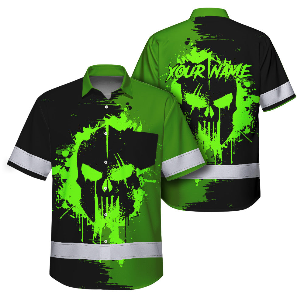Hi Vis Hawaiian Skull Shirt, Neon Green Custom Name High Visibility Short Sleeve Button Up Safety Shirt for Workers, Truckers
