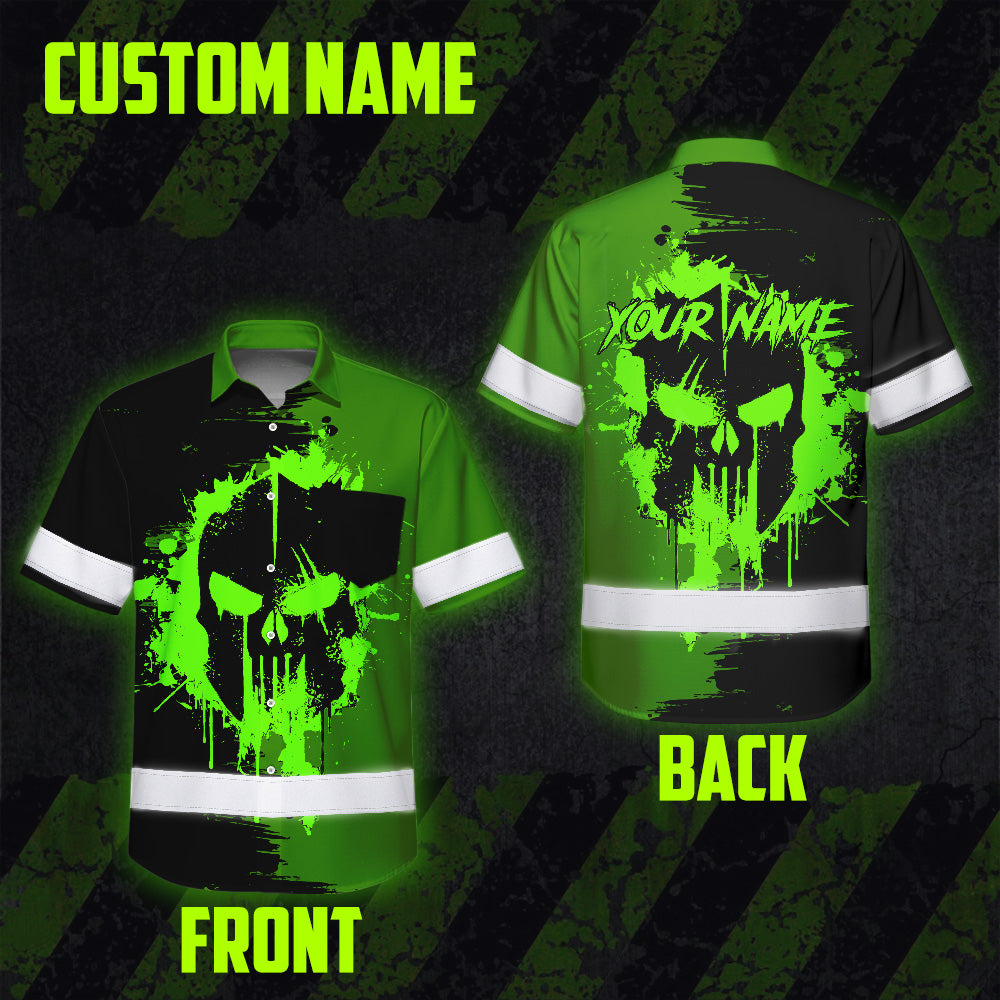 Hi Vis Hawaiian Skull Shirt, Neon Green Custom Name High Visibility Short Sleeve Button Up Safety Shirt for Workers, Truckers