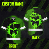 Hi Vis Hawaiian Skull Shirt, Neon Green Custom Name High Visibility Short Sleeve Button Up Safety Shirt for Workers, Truckers