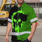 Hi Vis Hawaiian Skull Shirt, Neon Green Custom Name High Visibility Short Sleeve Button Up Safety Shirt for Workers, Truckers