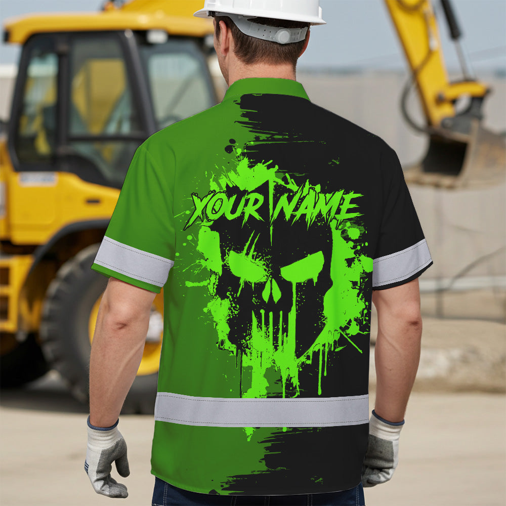 Hi Vis Hawaiian Skull Shirt, Neon Green Custom Name High Visibility Short Sleeve Button Up Safety Shirt for Workers, Truckers