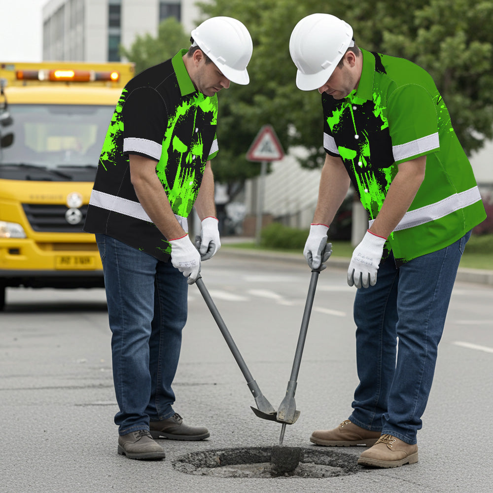 Hi Vis Hawaiian Skull Shirt, Neon Green Custom Name High Visibility Short Sleeve Button Up Safety Shirt for Workers, Truckers