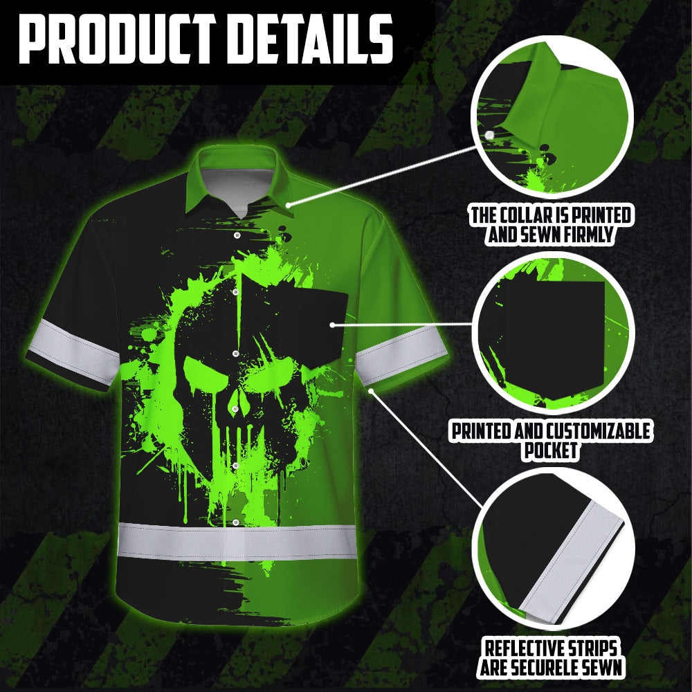 Hi Vis Hawaiian Skull Shirt, Neon Green Custom Name High Visibility Short Sleeve Button Up Safety Shirt for Workers, Truckers