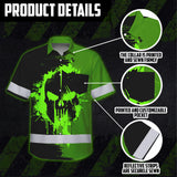 Hi Vis Hawaiian Skull Shirt, Neon Green Custom Name High Visibility Short Sleeve Button Up Safety Shirt for Workers, Truckers
