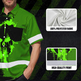 Hi Vis Hawaiian Skull Shirt, Neon Green Custom Name High Visibility Short Sleeve Button Up Safety Shirt for Workers, Truckers