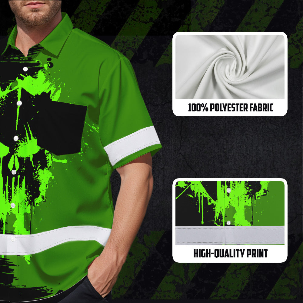 Hi Vis Hawaiian Skull Shirt, Neon Green Custom Name High Visibility Short Sleeve Button Up Safety Shirt for Workers, Truckers