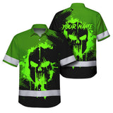 Hi Vis Hawaiian Skull Shirt, Neon Green Custom Name High Visibility Short Sleeve Button Up Safety Shirt for Workers, Truckers
