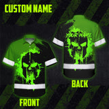 Hi Vis Hawaiian Skull Shirt, Neon Green Custom Name High Visibility Short Sleeve Button Up Safety Shirt for Workers, Truckers