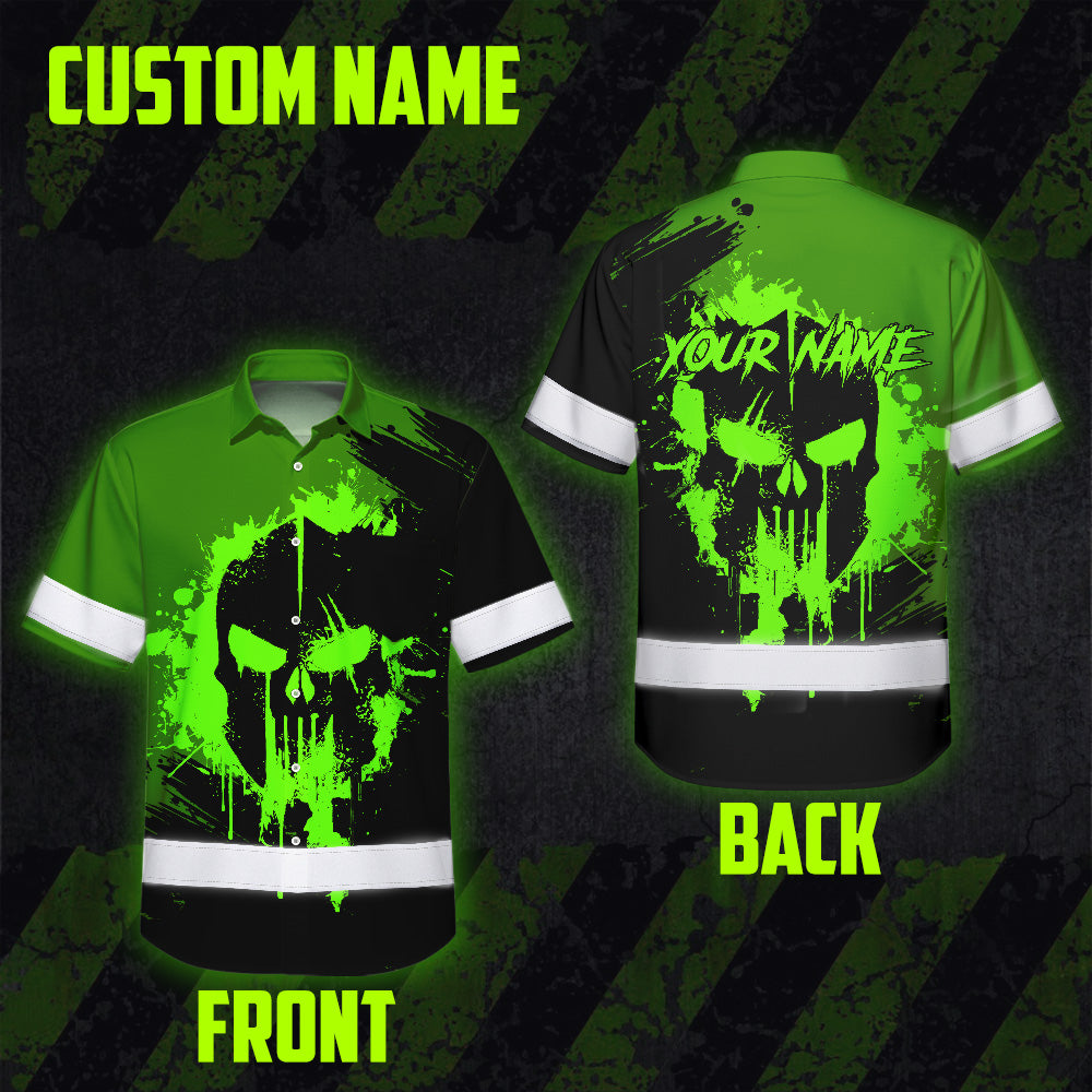 Hi Vis Hawaiian Skull Shirt, Neon Green Custom Name High Visibility Short Sleeve Button Up Safety Shirt for Workers, Truckers
