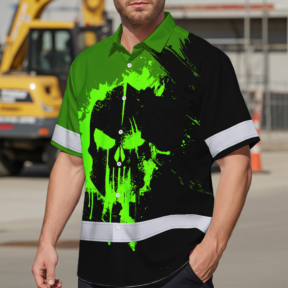 Hi Vis Hawaiian Skull Shirt, Neon Green Custom Name High Visibility Short Sleeve Button Up Safety Shirt for Workers, Truckers
