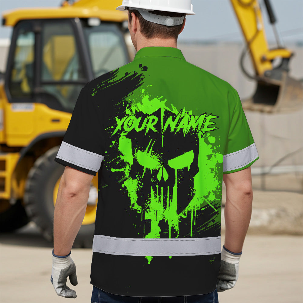 Hi Vis Hawaiian Skull Shirt, Neon Green Custom Name High Visibility Short Sleeve Button Up Safety Shirt for Workers, Truckers