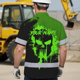 Hi Vis Hawaiian Skull Shirt, Neon Green Custom Name High Visibility Short Sleeve Button Up Safety Shirt for Workers, Truckers