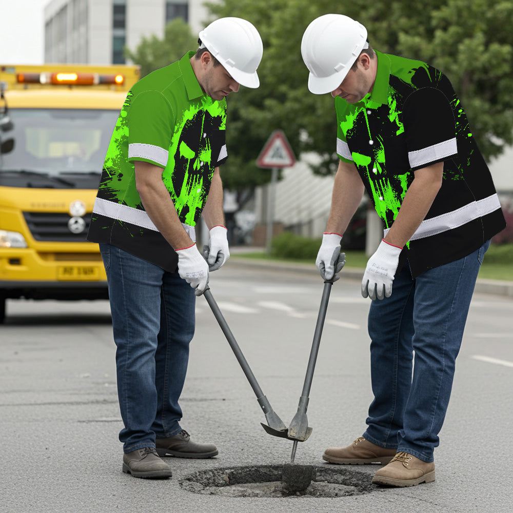 Hi Vis Hawaiian Skull Shirt, Neon Green Custom Name High Visibility Short Sleeve Button Up Safety Shirt for Workers, Truckers