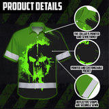 Hi Vis Hawaiian Skull Shirt, Neon Green Custom Name High Visibility Short Sleeve Button Up Safety Shirt for Workers, Truckers
