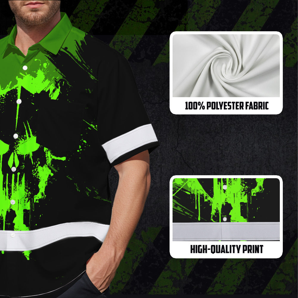 Hi Vis Hawaiian Skull Shirt, Neon Green Custom Name High Visibility Short Sleeve Button Up Safety Shirt for Workers, Truckers