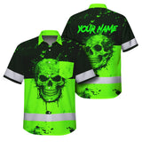 Hi Vis Hawaiian Shirt, Green Camo Skull Custom Name High Visibility Short Sleeve Button Up Safety Shirt for Workers, Truckers