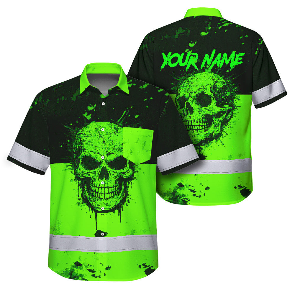 Hi Vis Hawaiian Shirt, Green Camo Skull Custom Name High Visibility Short Sleeve Button Up Safety Shirt for Workers, Truckers