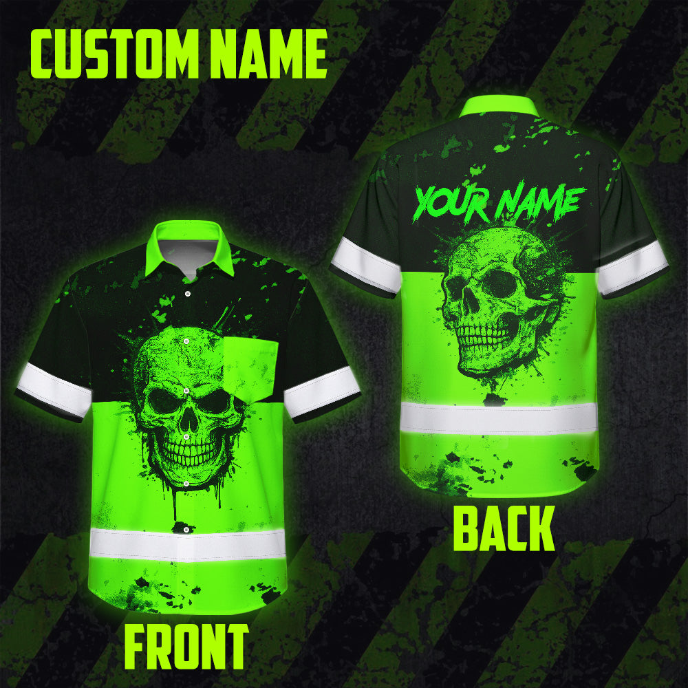 Hi Vis Hawaiian Shirt, Green Camo Skull Custom Name High Visibility Short Sleeve Button Up Safety Shirt for Workers, Truckers