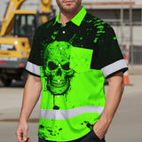 Hi Vis Hawaiian Shirt, Green Camo Skull Custom Name High Visibility Short Sleeve Button Up Safety Shirt for Workers, Truckers
