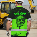 Hi Vis Hawaiian Shirt, Green Camo Skull Custom Name High Visibility Short Sleeve Button Up Safety Shirt for Workers, Truckers