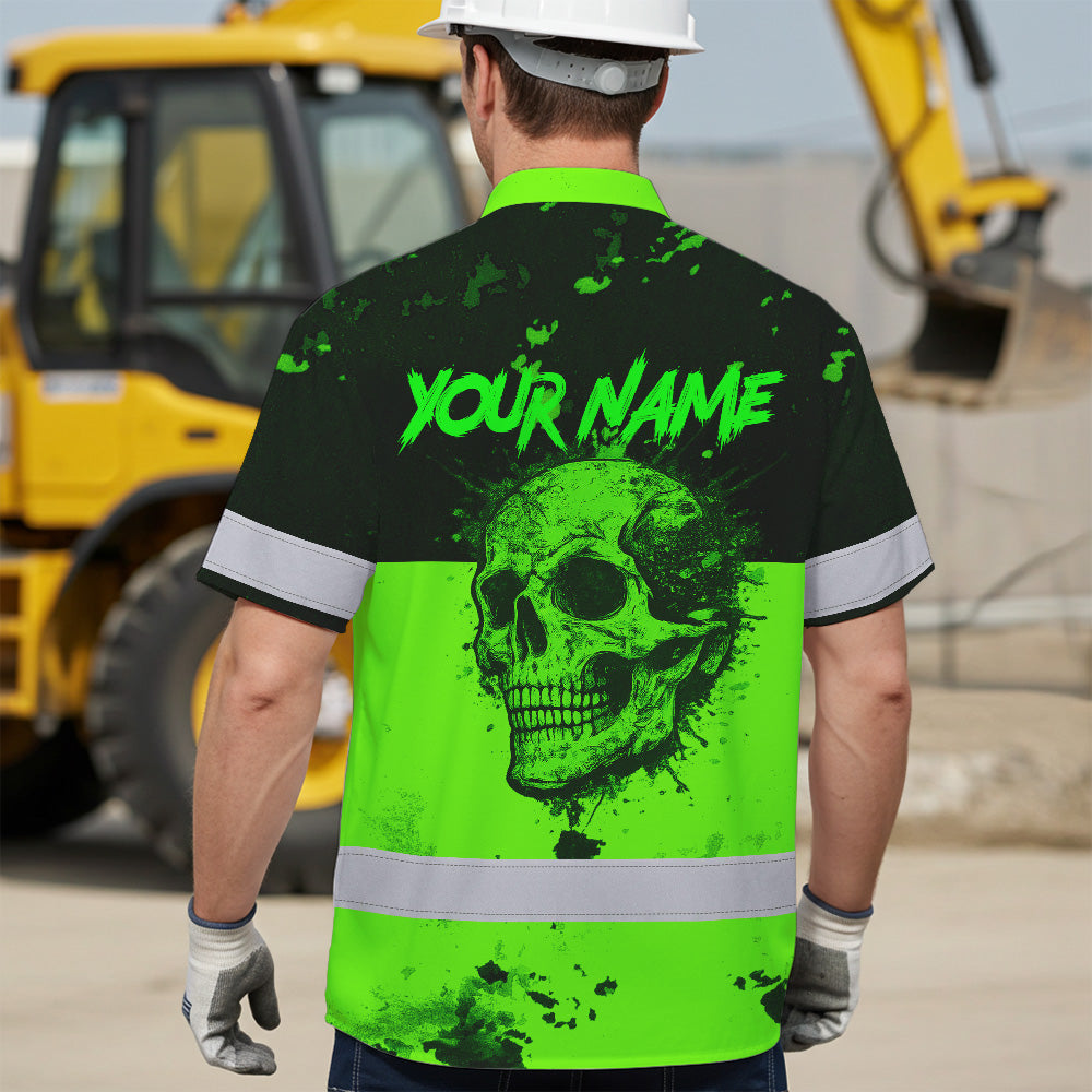 Hi Vis Hawaiian Shirt, Green Camo Skull Custom Name High Visibility Short Sleeve Button Up Safety Shirt for Workers, Truckers