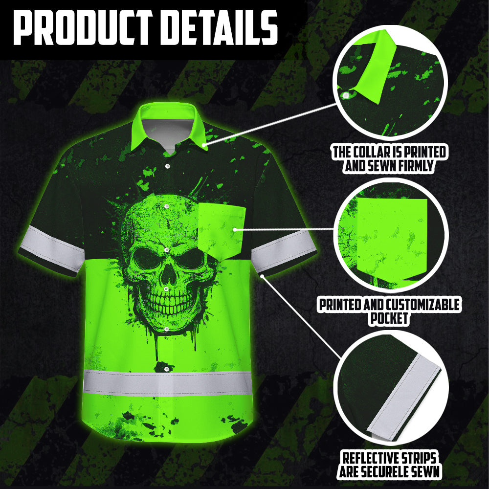 Hi Vis Hawaiian Shirt, Green Camo Skull Custom Name High Visibility Short Sleeve Button Up Safety Shirt for Workers, Truckers