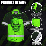 Hi Vis Hawaiian Shirt, Green Camo Skull Custom Name High Visibility Short Sleeve Button Up Safety Shirt for Workers, Truckers