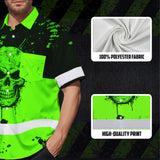 Hi Vis Hawaiian Shirt, Green Camo Skull Custom Name High Visibility Short Sleeve Button Up Safety Shirt for Workers, Truckers
