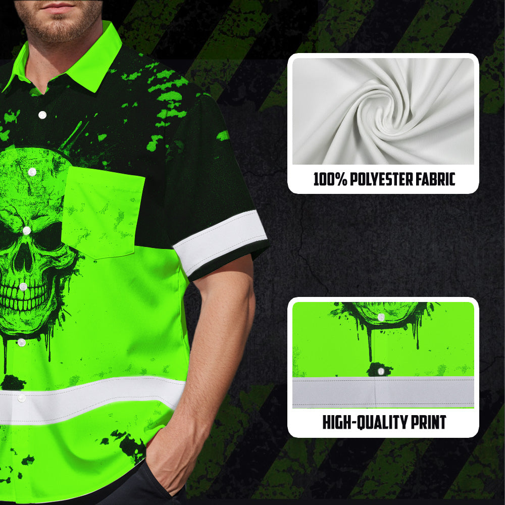 Hi Vis Hawaiian Shirt, Green Camo Skull Custom Name High Visibility Short Sleeve Button Up Safety Shirt for Workers, Truckers